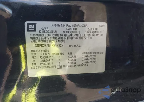 2009 Chevrolet Tahoe Lt2 from USA, damaged, VIN 1GNFK23059R213828